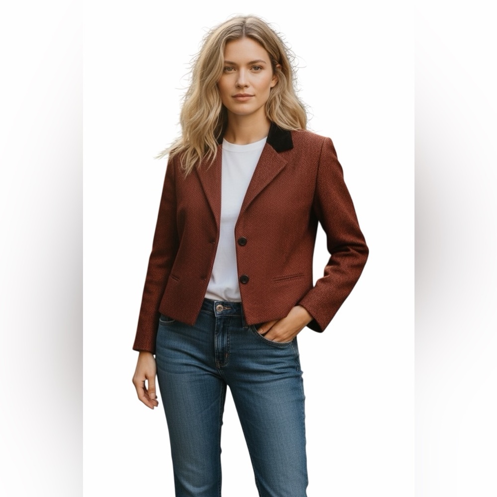 Christian Dior USA-Made Wool Blend Blazer Red Black velvet Collar SZ 16 classic